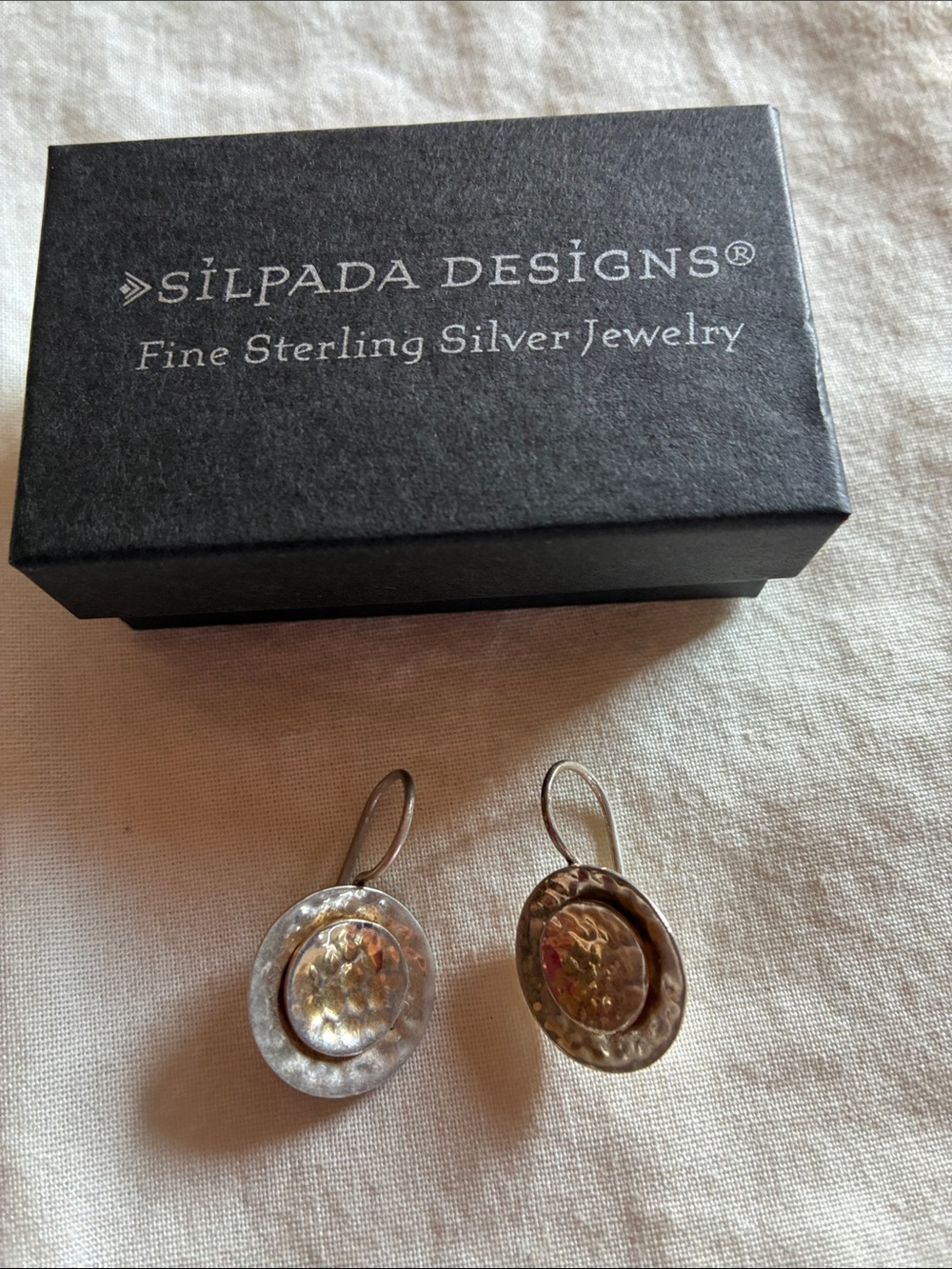 Sterling Silver Hammered Drop Earrings - Silver & gold W1367